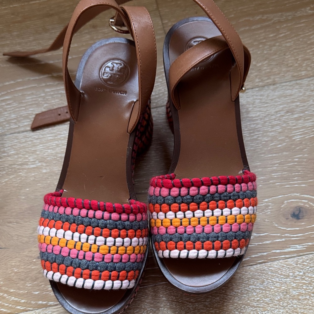 Tory Burch Colorful Woven Sandals with Brown Straps